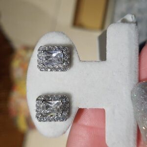 GENUINE SOLID STERLING SILVER CZ EARRINGS 😇 HALO EMERALD CUT RHODIUM